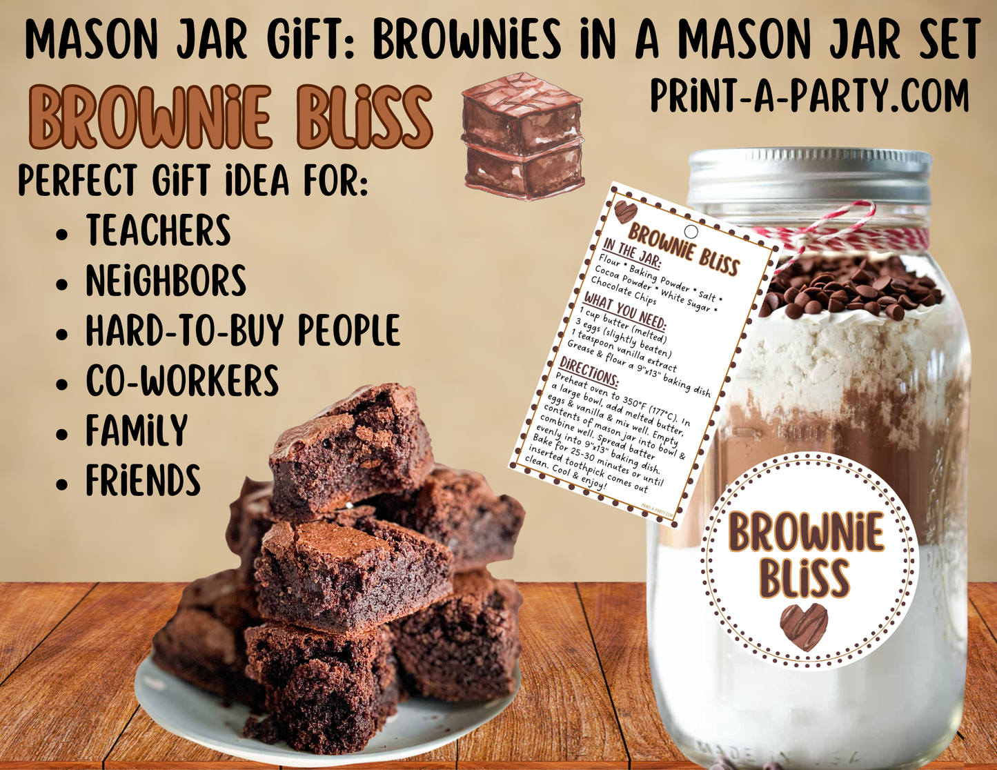 MASON JAR GIFT: Brownies in a Mason Jar Printable Kit - DIY Gift Idea for Teachers, Neighbors, Coworkers, Friends