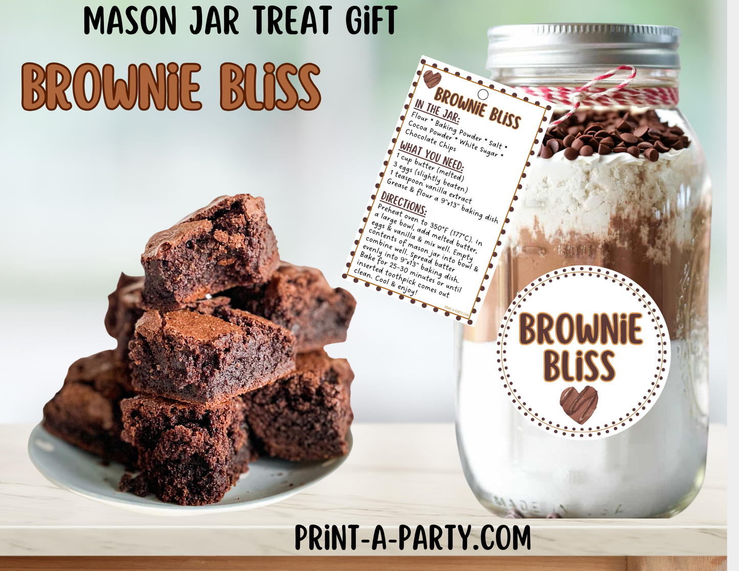 MASON JAR GIFT: Brownies in a Mason Jar Printable Kit - DIY Gift Idea for Teachers, Neighbors, Coworkers, Friends