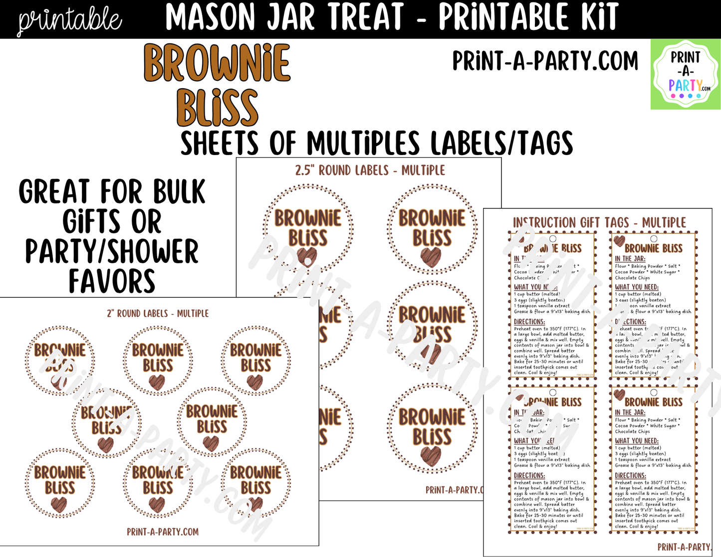 Brownies in a Mason Jar Gift Printable Kit - Labels, Tags, Recipe & Instructions