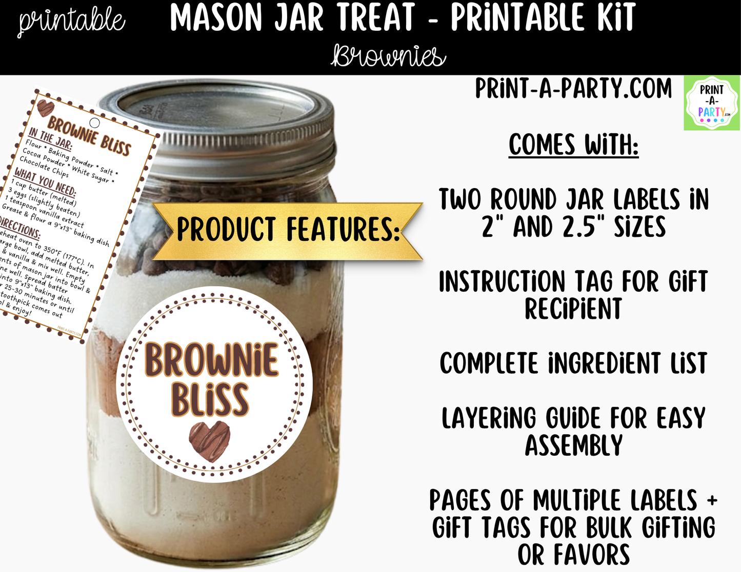 Brownies in a Mason Jar Gift Printable Kit - Labels, Tags, Recipe & Instructions