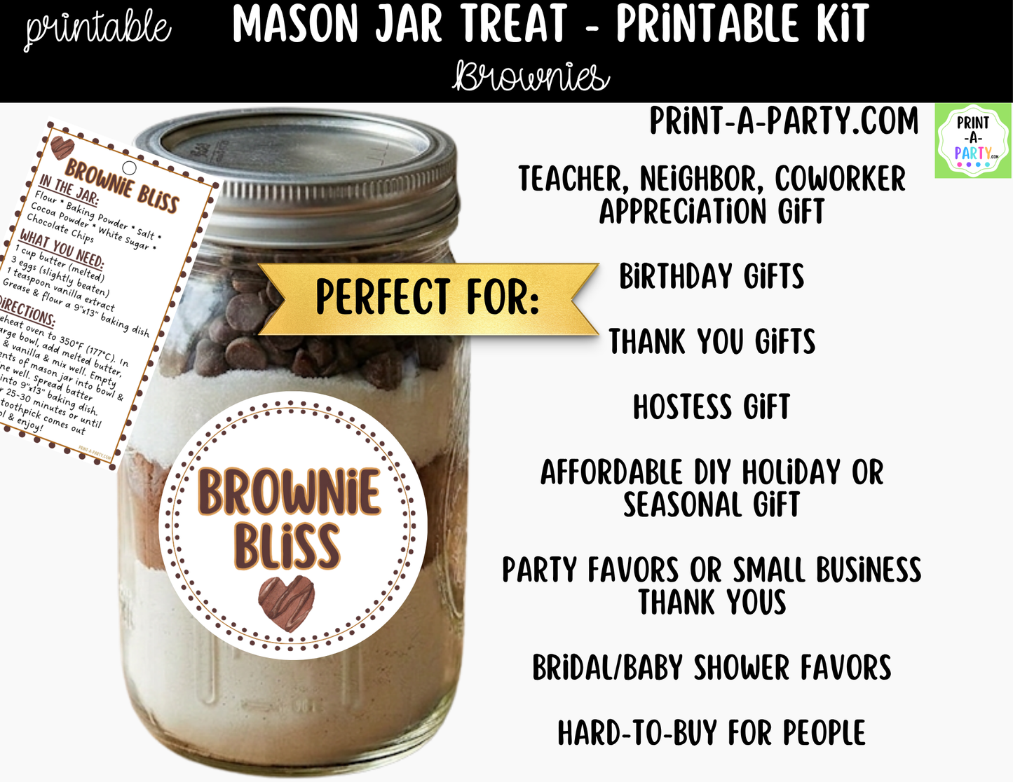 Brownies in a Mason Jar Gift Printable Kit - Labels, Tags, Recipe & Instructions