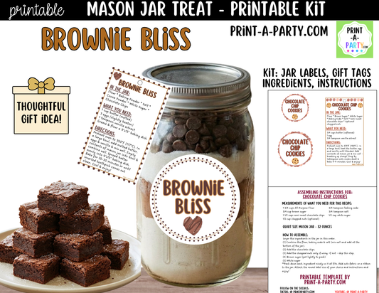 Brownies in a Mason Jar Gift Printable Kit - Labels, Tags, Recipe & Instructions