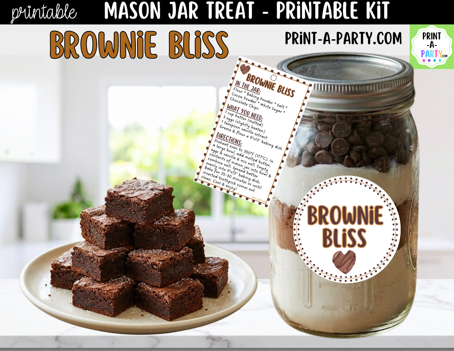 Brownies in a Mason Jar Gift Printable Kit - Labels, Tags, Recipe & Instructions