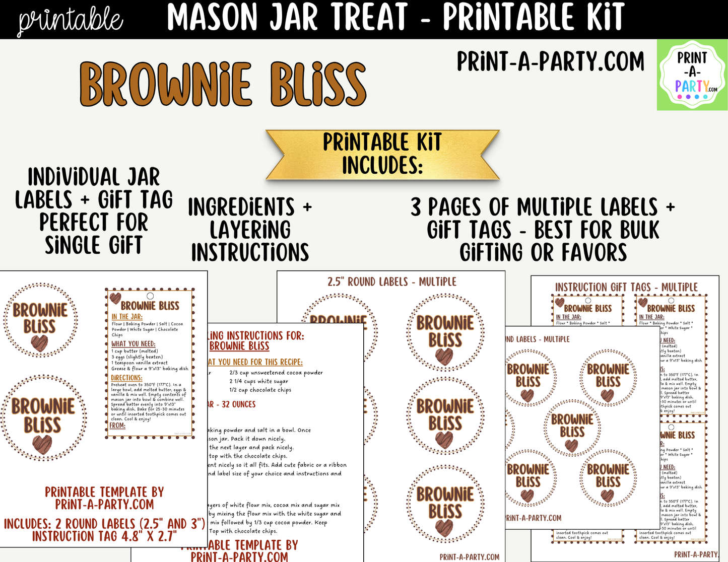 Brownies in a Mason Jar Gift Printable Kit - Labels, Tags, Recipe & Instructions