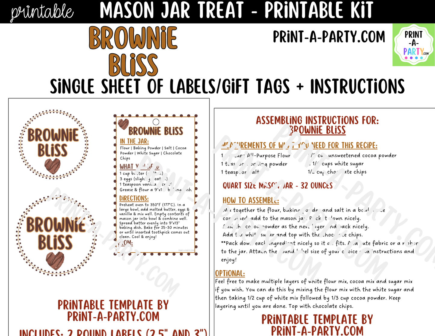 Brownies in a Mason Jar Gift Printable Kit - Labels, Tags, Recipe & Instructions
