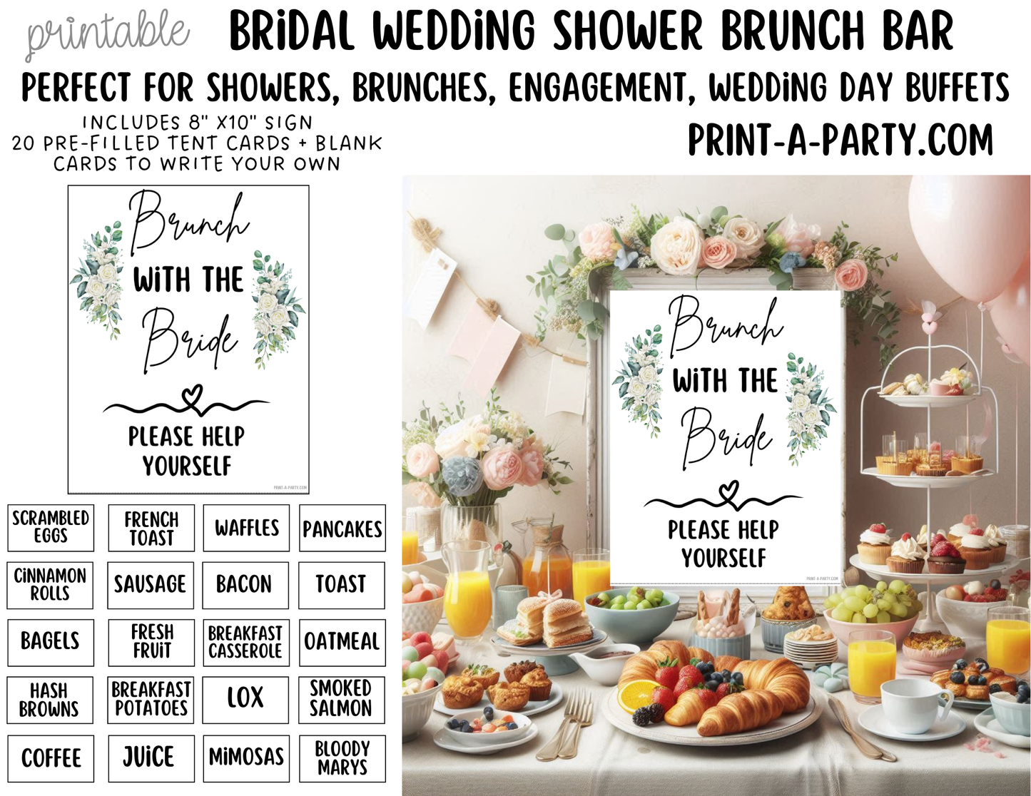 Wedding Event Bridal Brunch Bar Printable Sign & Tent Cards | Wedding Shower Breakfast Bar Decorations | Instant Download