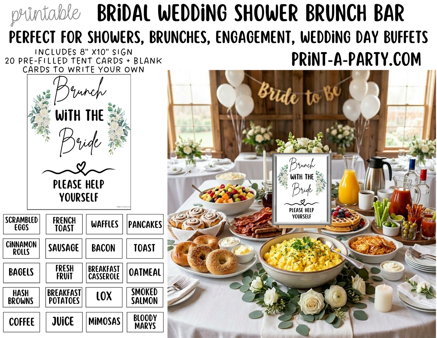 Bridal Brunch Bar Printable Sign & Tent Cards – Wedding Shower Brunch Buffet Decor, Instant Download