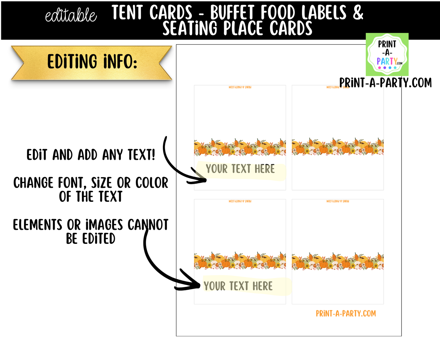 Editable Fall Buffet Labels & Place Cards for Thanksgiving or Fall Events