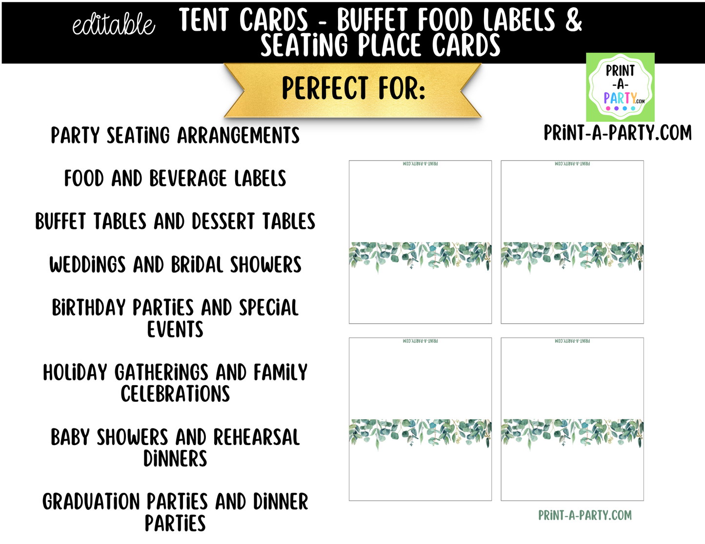 Editable Green Floral Buffet Labels and Place Cards for Garden or Elegant Events and Celebrations