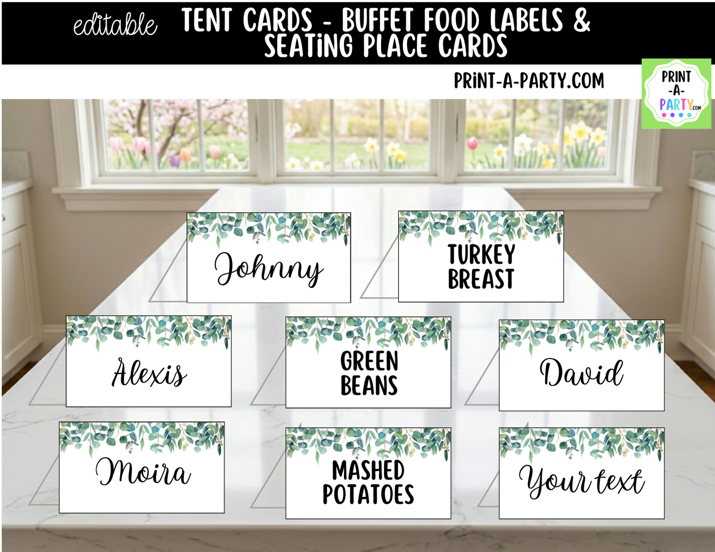 Editable Green Floral Buffet Labels and Place Cards for Garden or Elegant Events and Celebrations