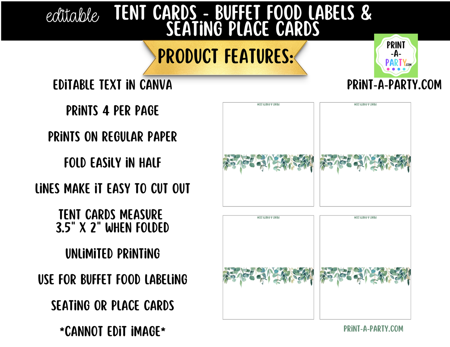 Editable Green Floral Buffet Labels and Place Cards for Garden or Elegant Events and Celebrations