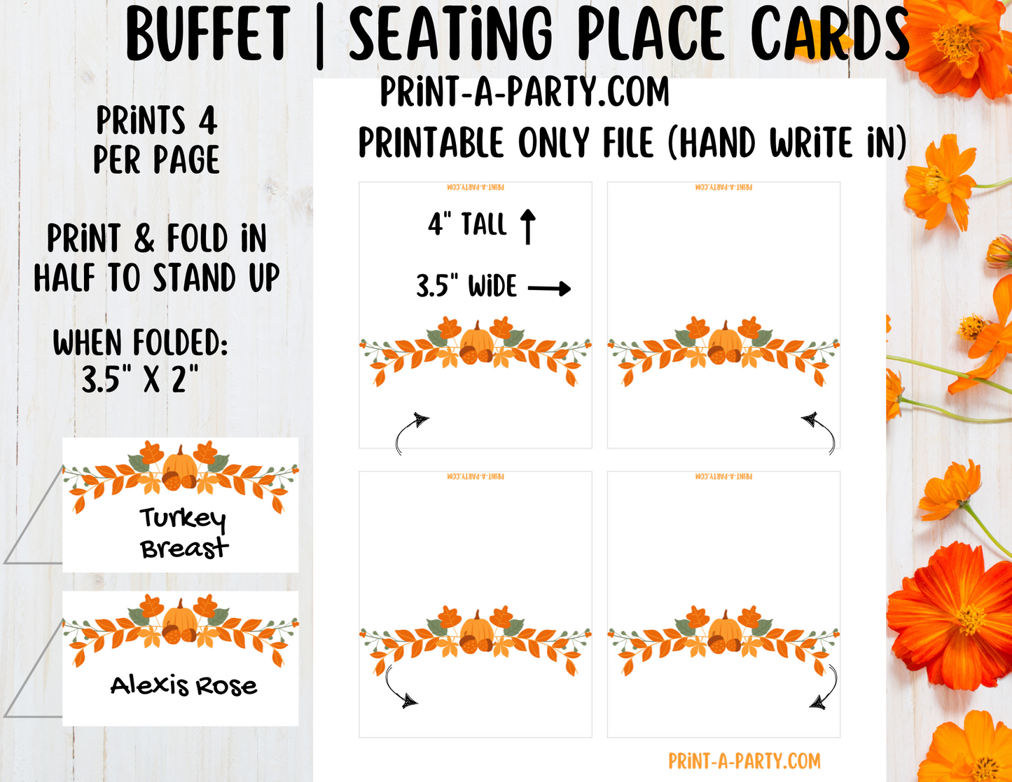 DIY Printable or Editable Buffet Food Label Cards or Seating Place Cards | FALL THANKSGIVING Theme | Place Card Signs | Buffet Labels | Food Labels | Party Labels | Thanksgiving Hosting Idea