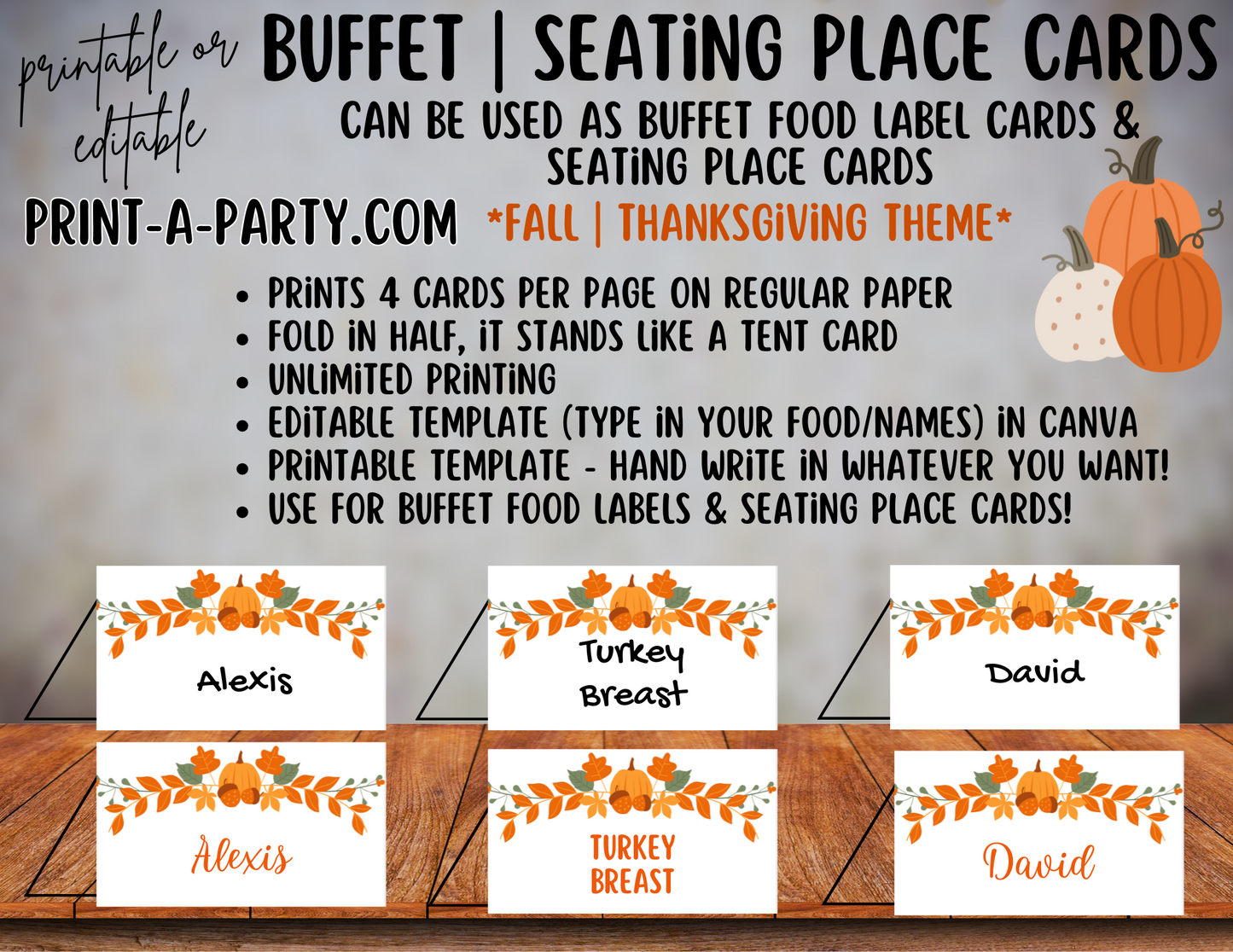 DIY Printable or Editable Buffet Food Label Cards or Seating Place Cards | FALL THANKSGIVING Theme | Place Card Signs | Buffet Labels | Food Labels | Party Labels | Thanksgiving Hosting Idea