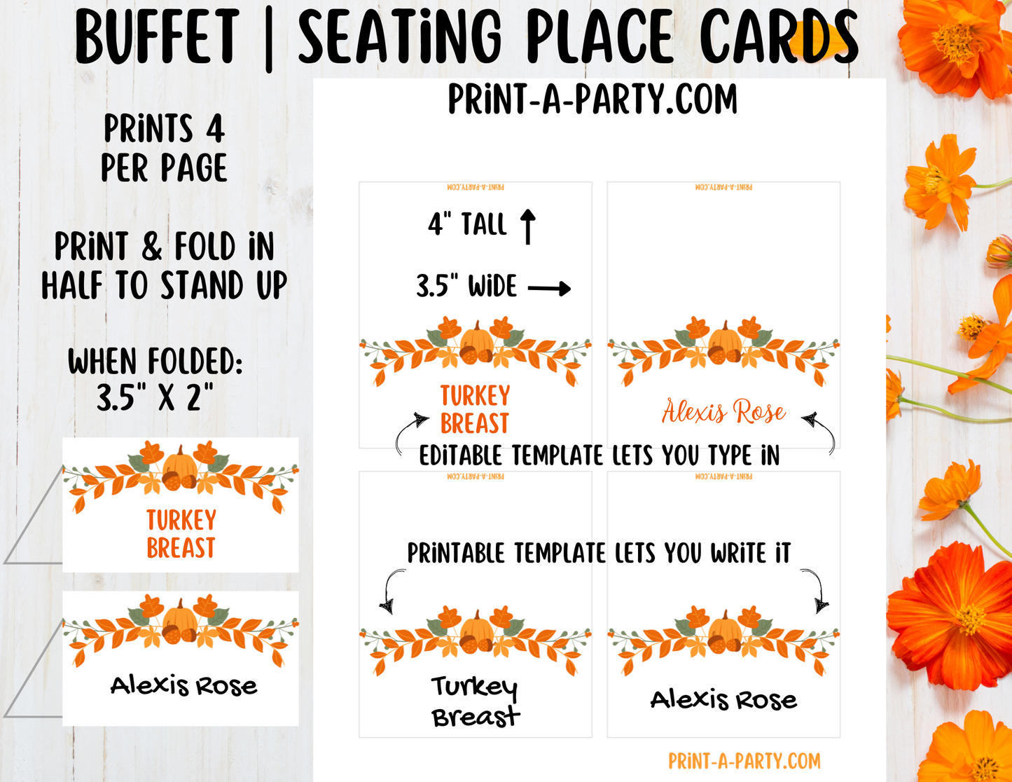 DIY Printable or Editable Buffet Food Label Cards or Seating Place Cards | FALL THANKSGIVING Theme | Place Card Signs | Buffet Labels | Food Labels | Party Labels | Thanksgiving Hosting Idea