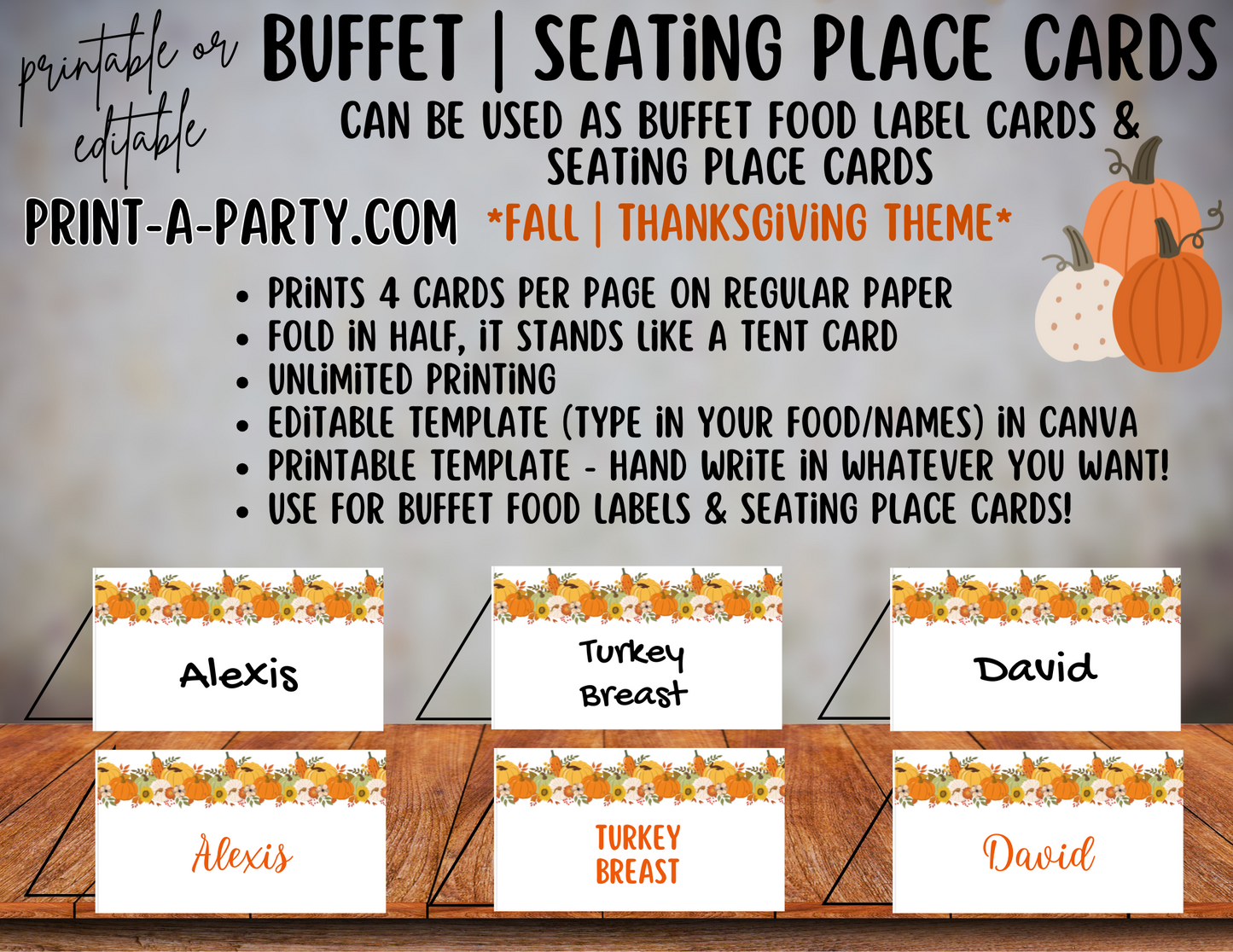 DIY Printable or Editable Buffet Food Label Cards or Seating Place Cards | Fall Thanksgiving Theme 2 | Place Card Signs | Buffet Labels | Food Labels | Party Labels | Thanksgiving Hosting Idea