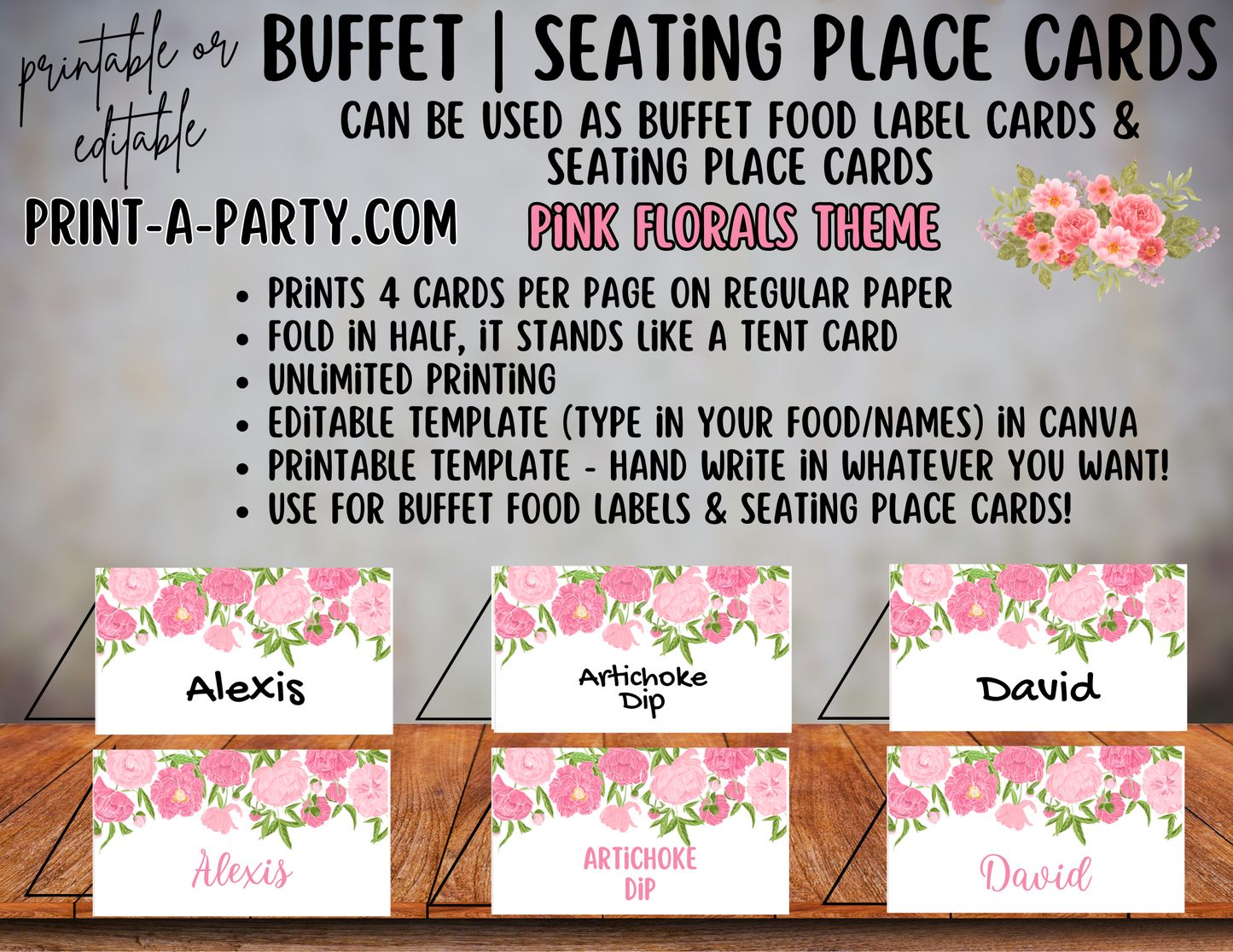 DIY Printable or Editable Buffet Food Label Cards or Seating Place Cards | PINK FLORALS | Place Card Signs | Buffet Labels