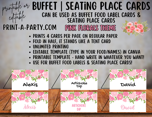 DIY Printable or Editable Buffet Food Label Cards or Seating Place Cards | PINK FLORALS | Place Card Signs | Buffet Labels