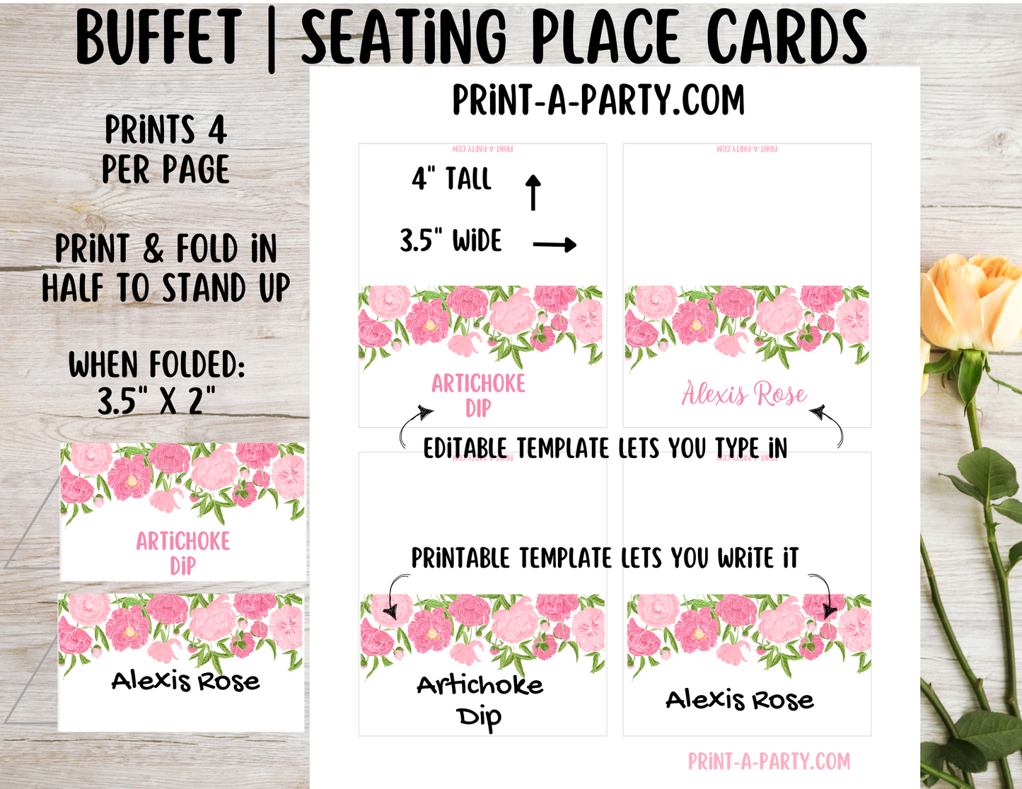 DIY Printable or Editable Buffet Food Label Cards or Seating Place Cards | PINK FLORALS | Place Card Signs | Buffet Labels