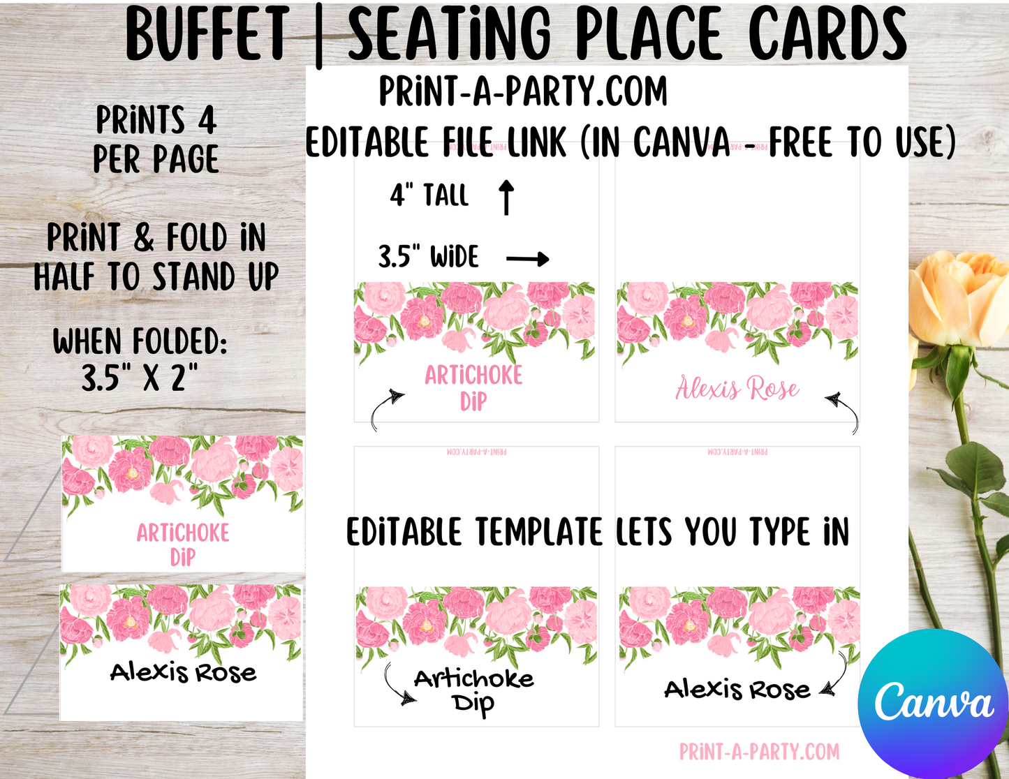 DIY Printable or Editable Buffet Food Label Cards or Seating Place Cards | PINK FLORALS | Place Card Signs | Buffet Labels