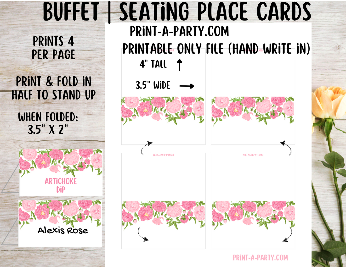 DIY Printable or Editable Buffet Food Label Cards or Seating Place Cards | PINK FLORALS | Place Card Signs | Buffet Labels