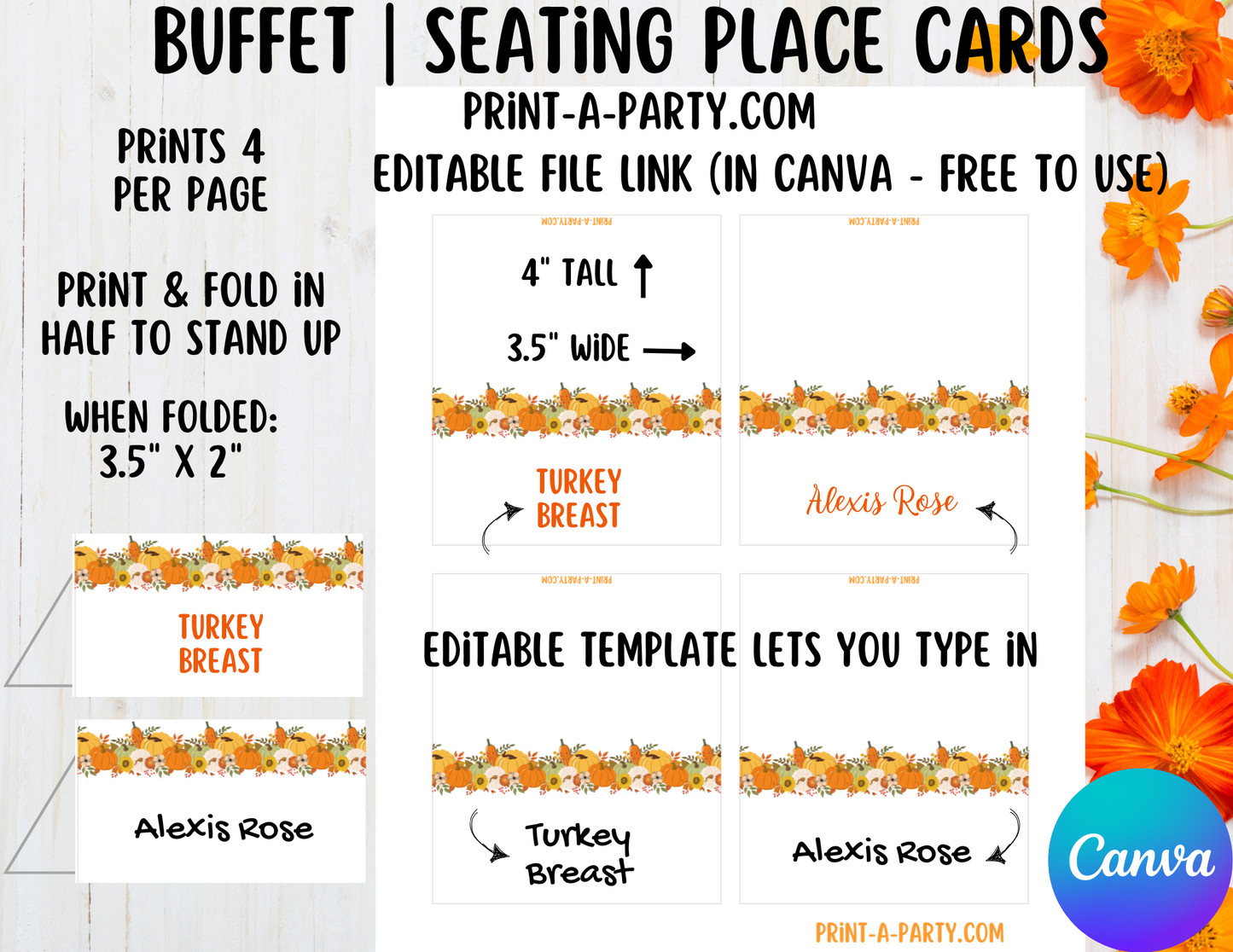DIY Printable or Editable Buffet Food Label Cards or Seating Place Cards | Fall Thanksgiving Theme 2 | Place Card Signs | Buffet Labels | Food Labels | Party Labels | Thanksgiving Hosting Idea