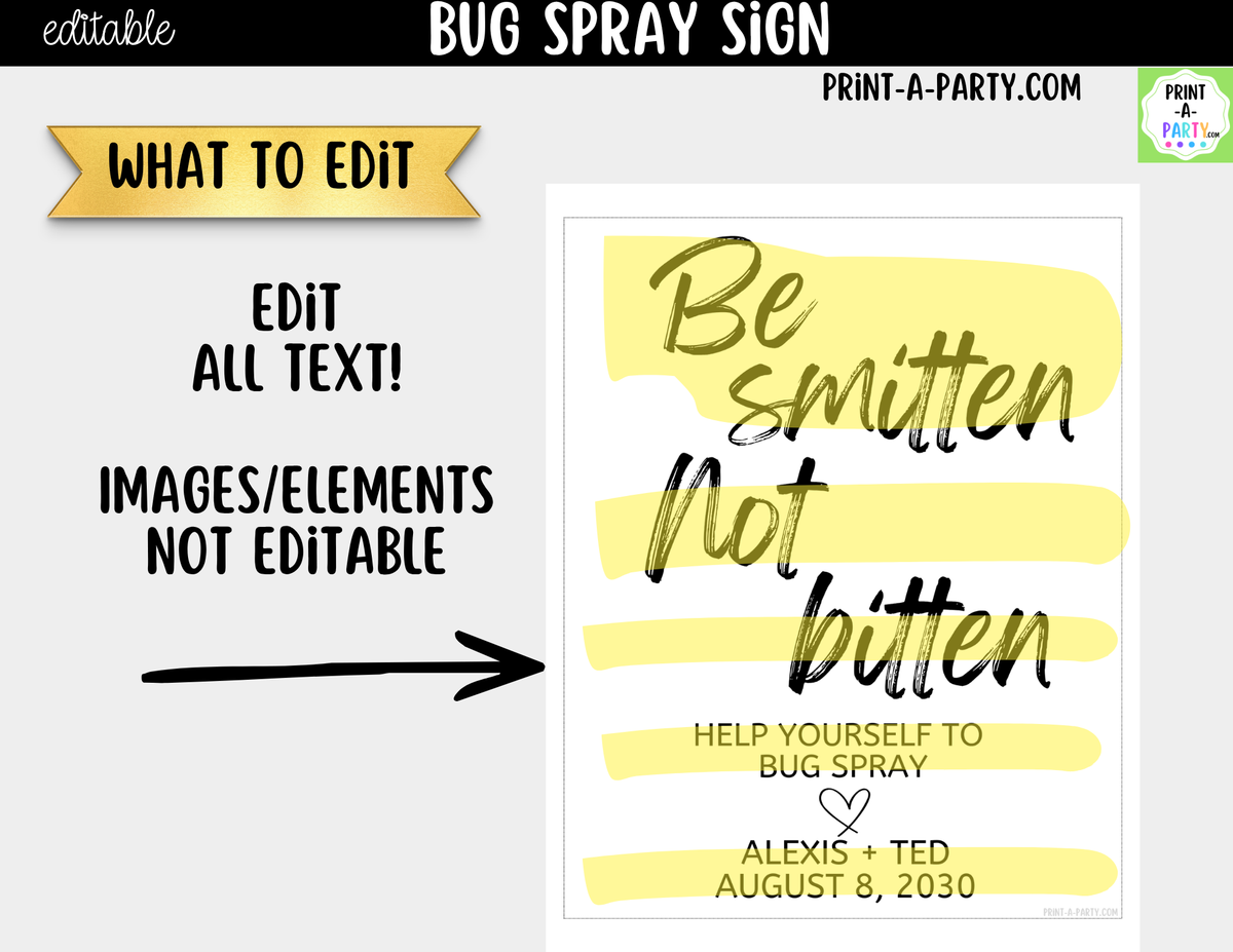 Editable Bug Spray Sign – Be Smitten Not Bitten | 8x10 Canva