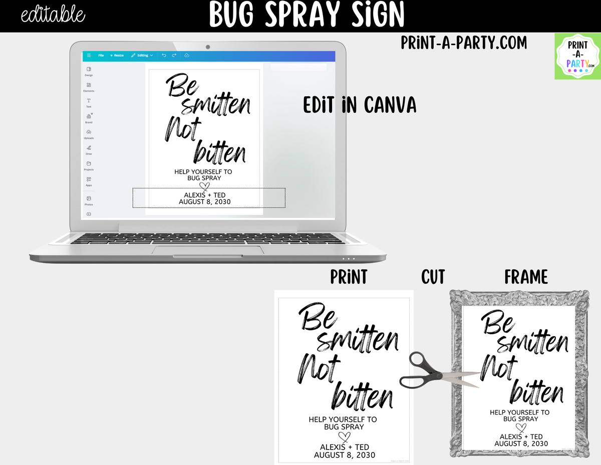 Editable Bug Spray Sign – Be Smitten Not Bitten | 8x10 Canva