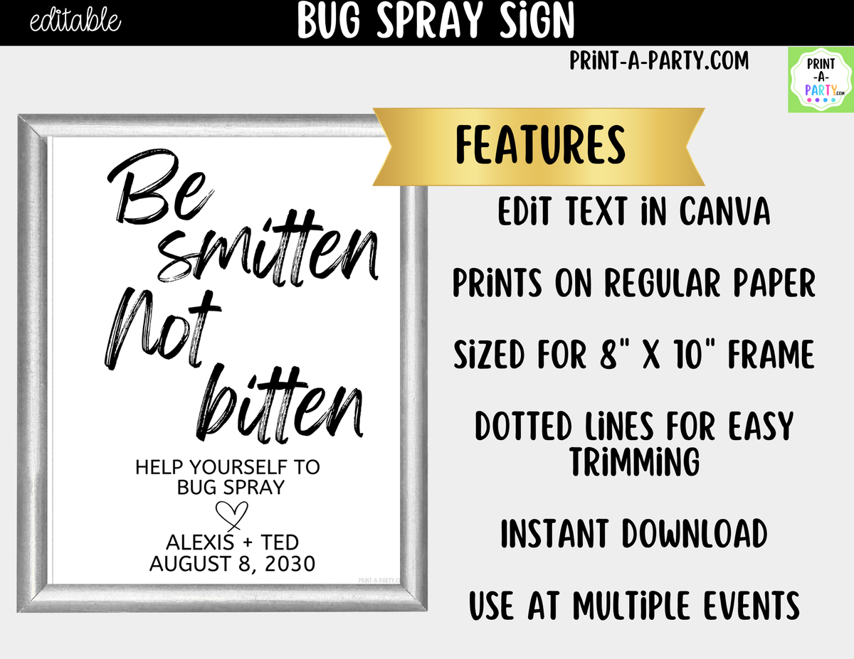 Editable Bug Spray Sign – Be Smitten Not Bitten | 8x10 Canva