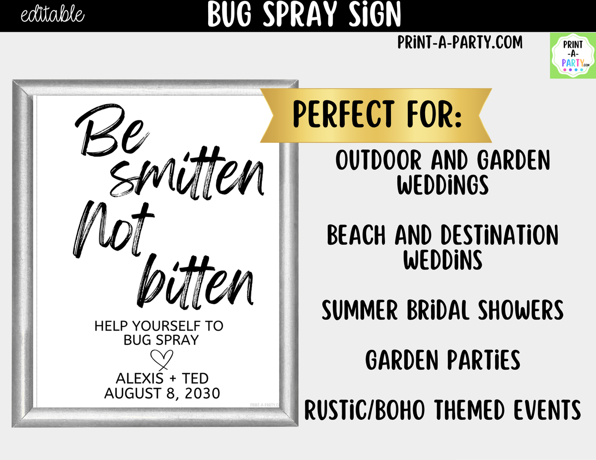 Editable Bug Spray Sign – Be Smitten Not Bitten | 8x10 Canva