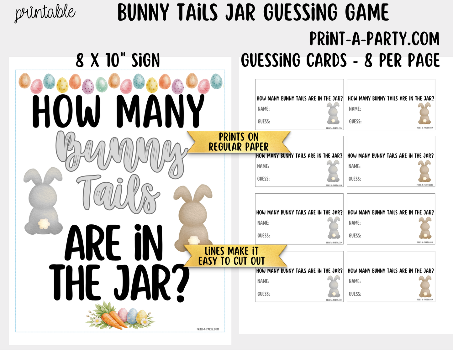 Easter Bunny Tail Jar Game Sign (8x10) + Guessing Cards - How Many Bunny Tails Are in the Jar?
