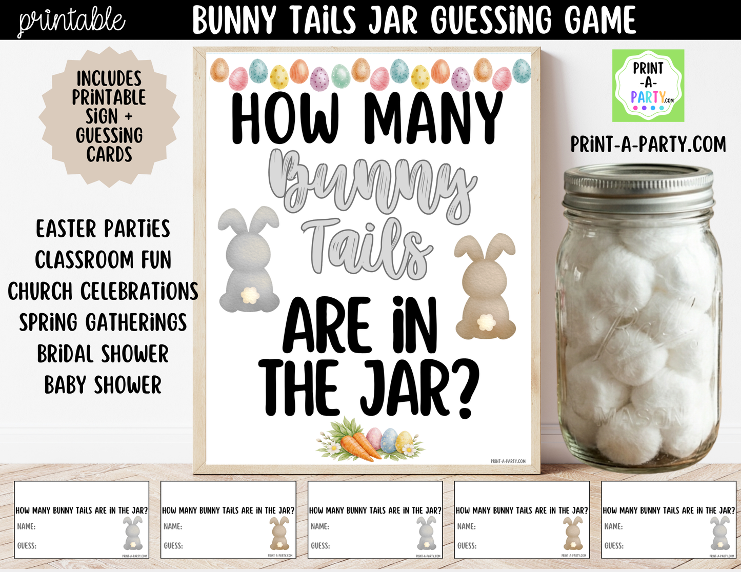 Easter Bunny Tail Jar Game Sign (8x10) + Guessing Cards - How Many Bunny Tails Are in the Jar?