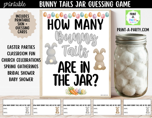 Easter Bunny Tail Jar Game Sign (8x10) + Guessing Cards - How Many Bunny Tails Are in the Jar?