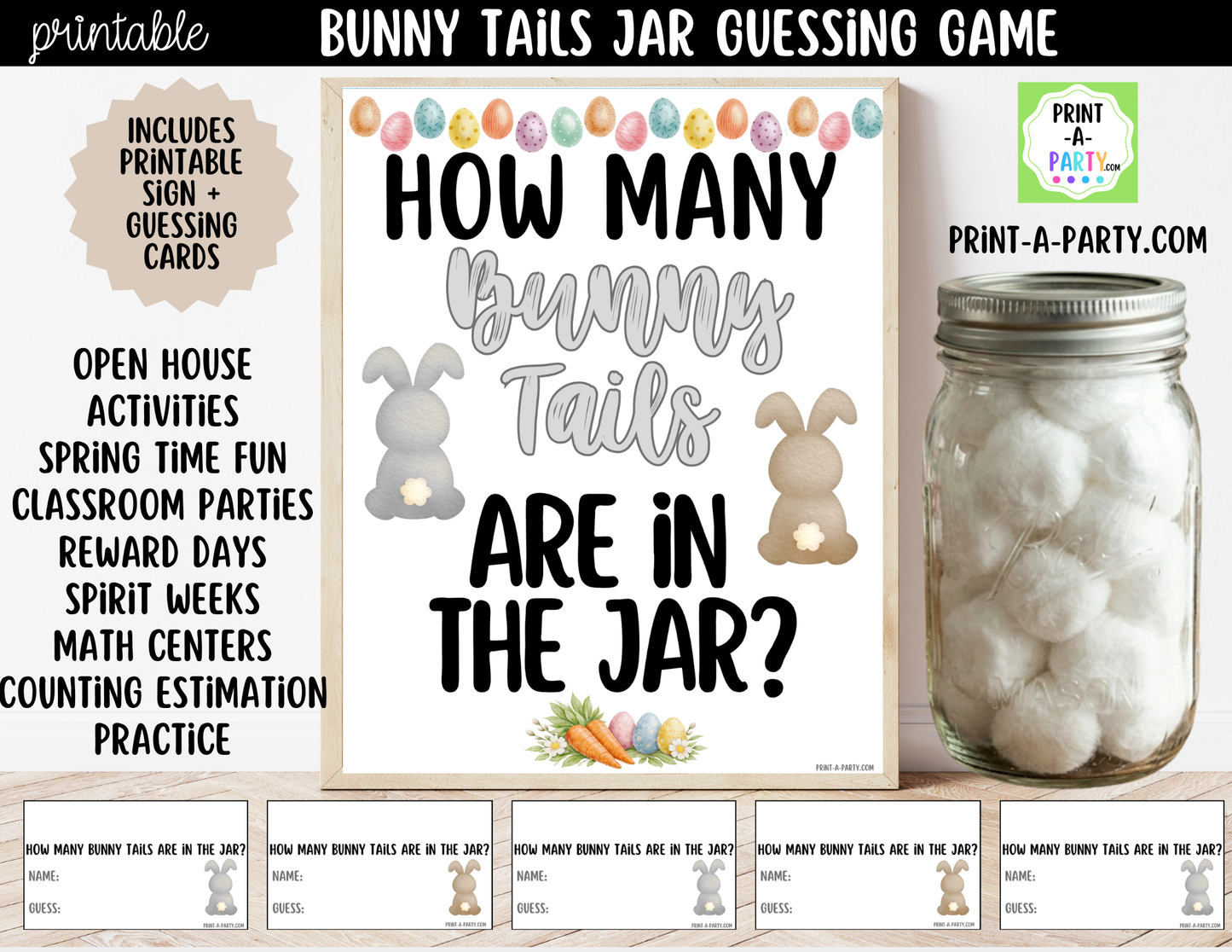 Easter Bunny Tail Jar Game Sign (8x10) + Guessing Cards - How Many Bunny Tails Are in the Jar?