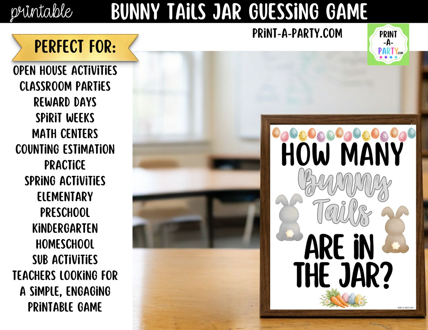 Easter Bunny Tail Jar Game Sign (8x10) + Guessing Cards - How Many Bunny Tails Are in the Jar?