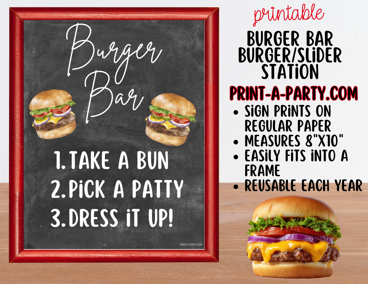 BURGER or SLIDER BAR - Chalkboard - Printable Sign and Topping Tent Cards - For Parties, BBQ, Cookouts, Outdoor Events