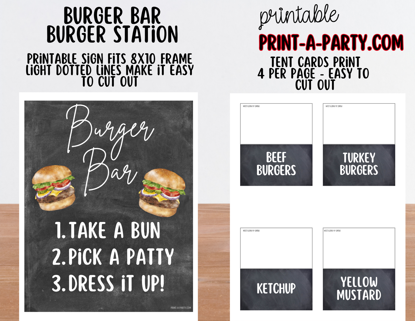 BURGER or SLIDER BAR - Chalkboard - Printable Sign and Topping Tent Cards - For Parties, BBQ, Cookouts, Outdoor Events