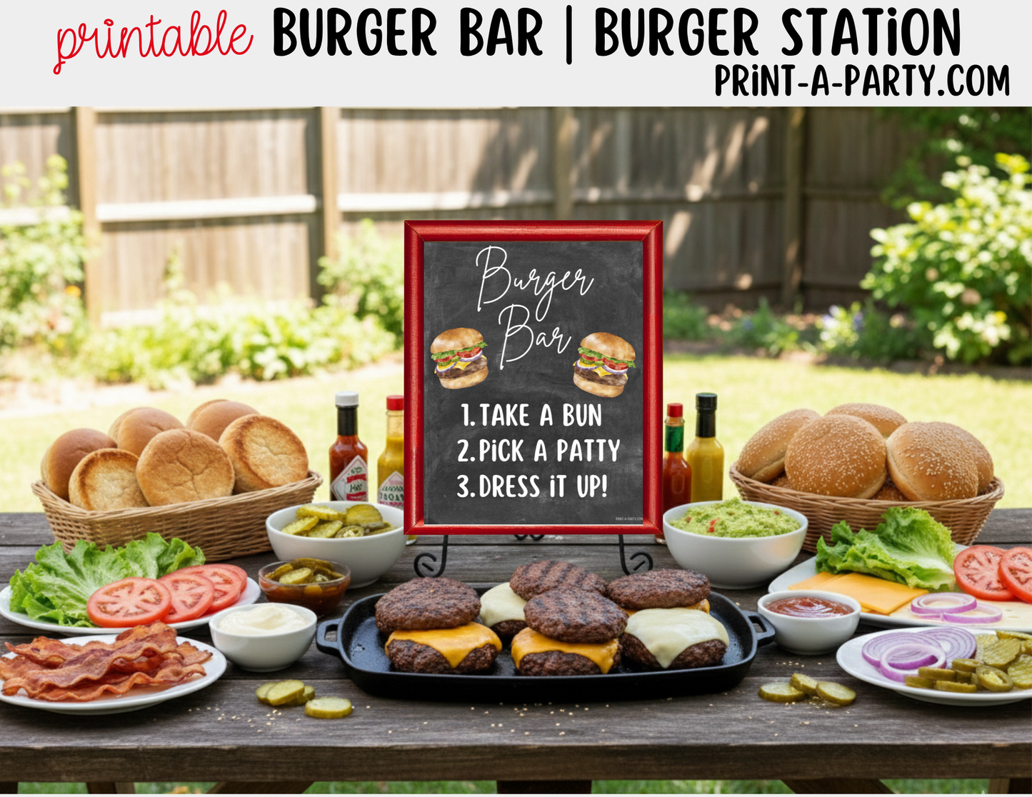 BURGER or SLIDER BAR - Chalkboard - Printable Sign and Topping Tent Cards - For Parties, BBQ, Cookouts, Outdoor Events