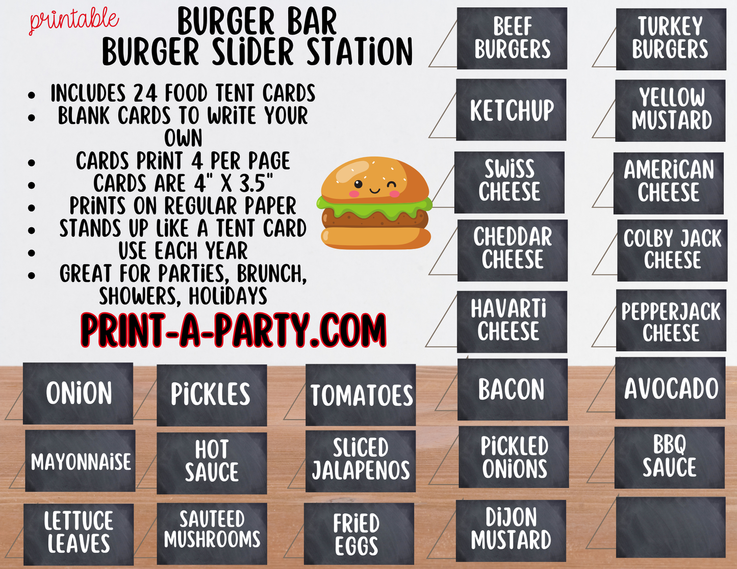 BURGER or SLIDER BAR - Chalkboard - Printable Sign and Topping Tent Cards - For Parties, BBQ, Cookouts, Outdoor Events