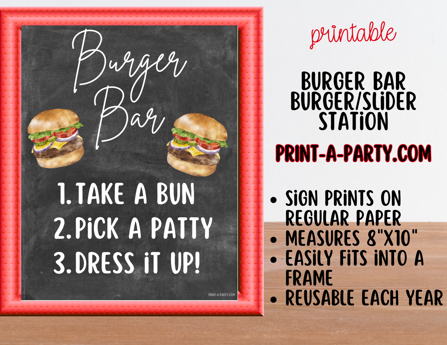 BURGER or SLIDER BAR - Chalkboard - Printable Sign and Food Labels - For Parties, BBQ, Cookouts, Backyard Gatherings, Family Reunions, Summer Events