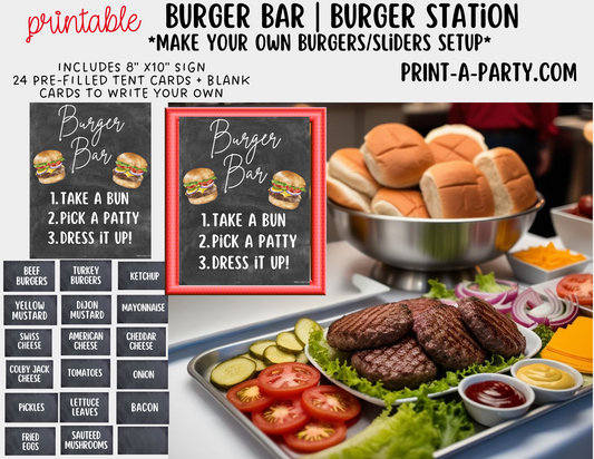 BURGER or SLIDER BAR | BURGER or SLIDER STATION Setup - Chalkboard | Make Your Own Burger Buffet | Food Station for Party | Food Bar for Party | 4th of July | Summer Parties