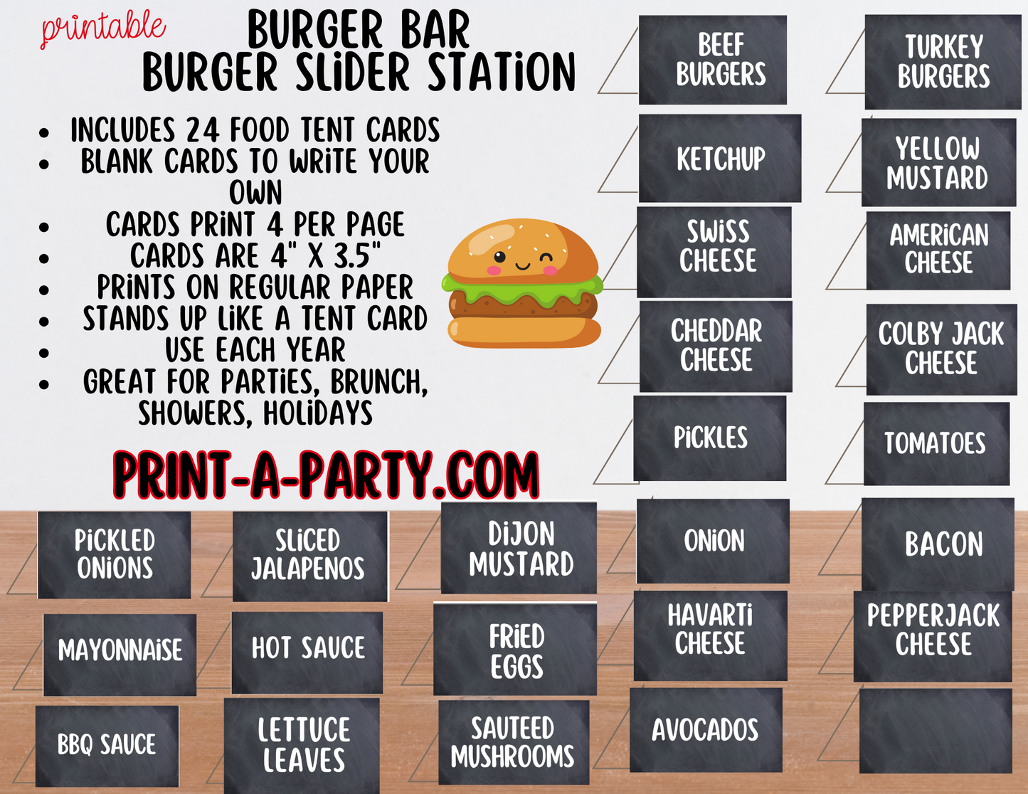 BURGER or SLIDER BAR - Chalkboard - Printable Sign and Food Labels - For Parties, BBQ, Cookouts, Backyard Gatherings, Family Reunions, Summer Events