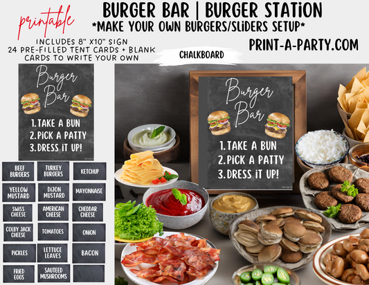 BURGER or SLIDER BAR | BURGER or SLIDER STATION Setup - Chalkboard | Make Your Own Burger Buffet | Food Station for Party | Food Bar for Party | 4th of July | Summer Parties