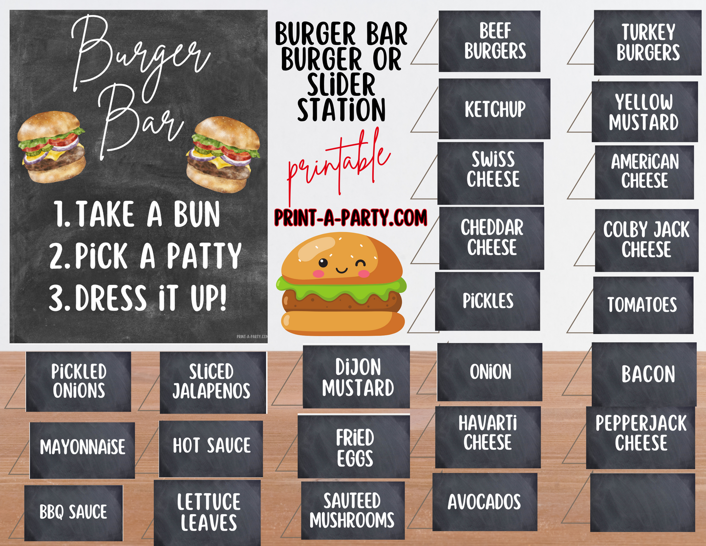 BURGER or SLIDER BAR | BURGER or SLIDER STATION Setup - Chalkboard | Make Your Own Burger Buffet | Food Station for Party | Food Bar for Party | 4th of July | Summer Parties