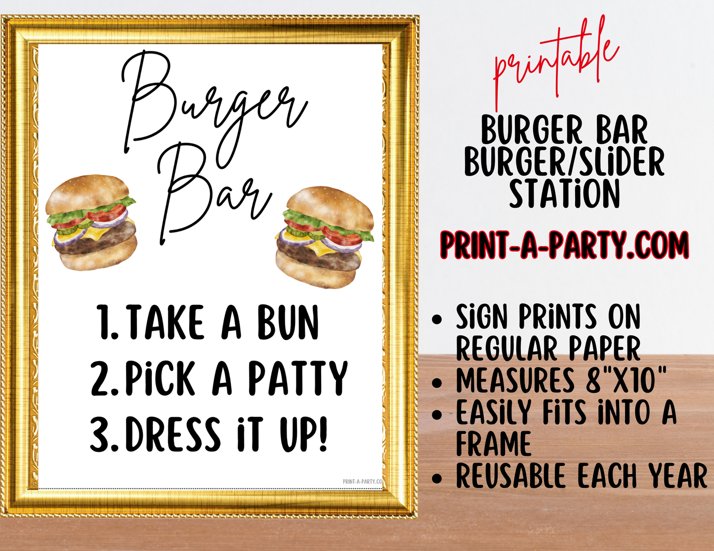 BURGER or SLIDER BAR | BURGER or SLIDER STATION Setup - White | Make Your Own Burger Buffet | Food Station for Party | Food Bar for Party | 4th of July | Summer Parties