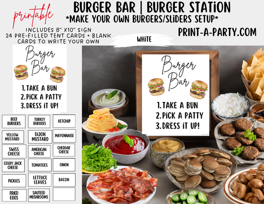 BURGER or SLIDER BAR | BURGER or SLIDER STATION Setup - White | Make Your Own Burger Buffet | Food Station for Party | Food Bar for Party | 4th of July | Summer Parties