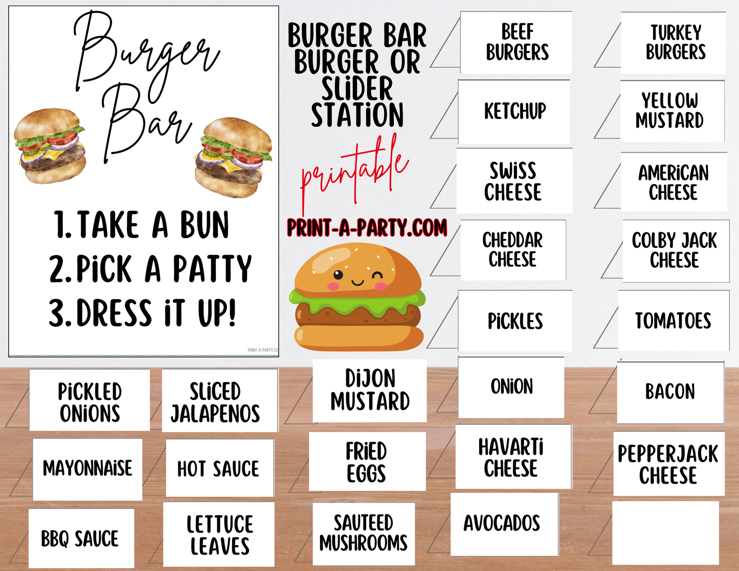 BURGER or SLIDER BAR | BURGER or SLIDER STATION Setup - White | Make Your Own Burger Buffet | Food Station for Party | Food Bar for Party | 4th of July | Summer Parties