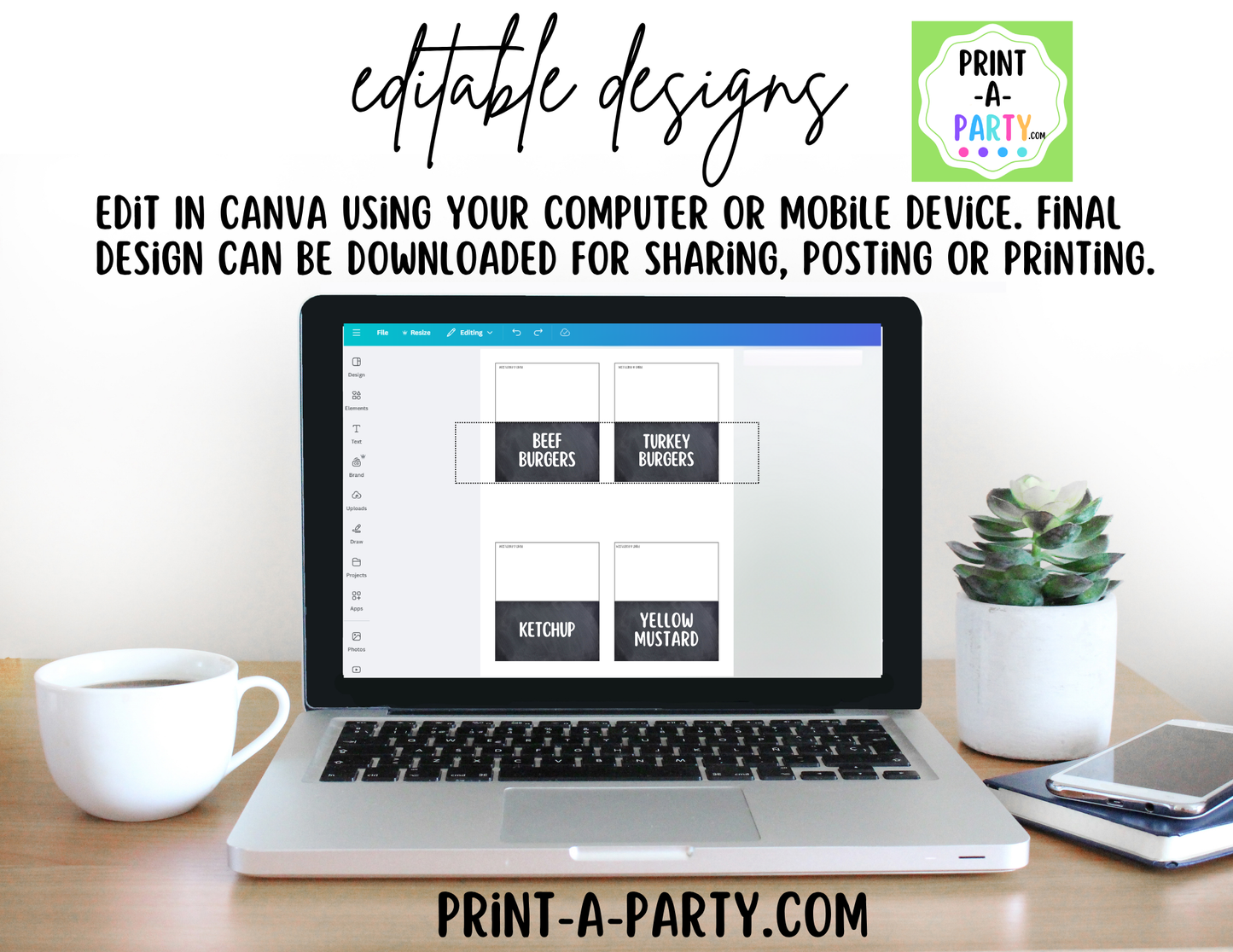 Editable Burger Bar Sign (8x10) & Toppings Tent Cards – Printable Food Station for BBQs, Summer Parties, Birthdays & More