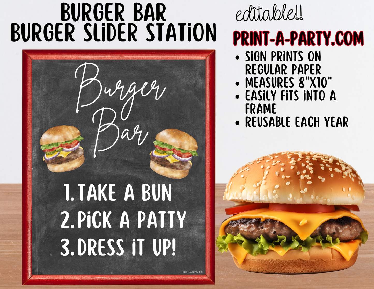 Editable Burger Bar Sign (8x10) & Toppings Tent Cards – Printable Food Station for BBQs, Summer Parties, Birthdays & More