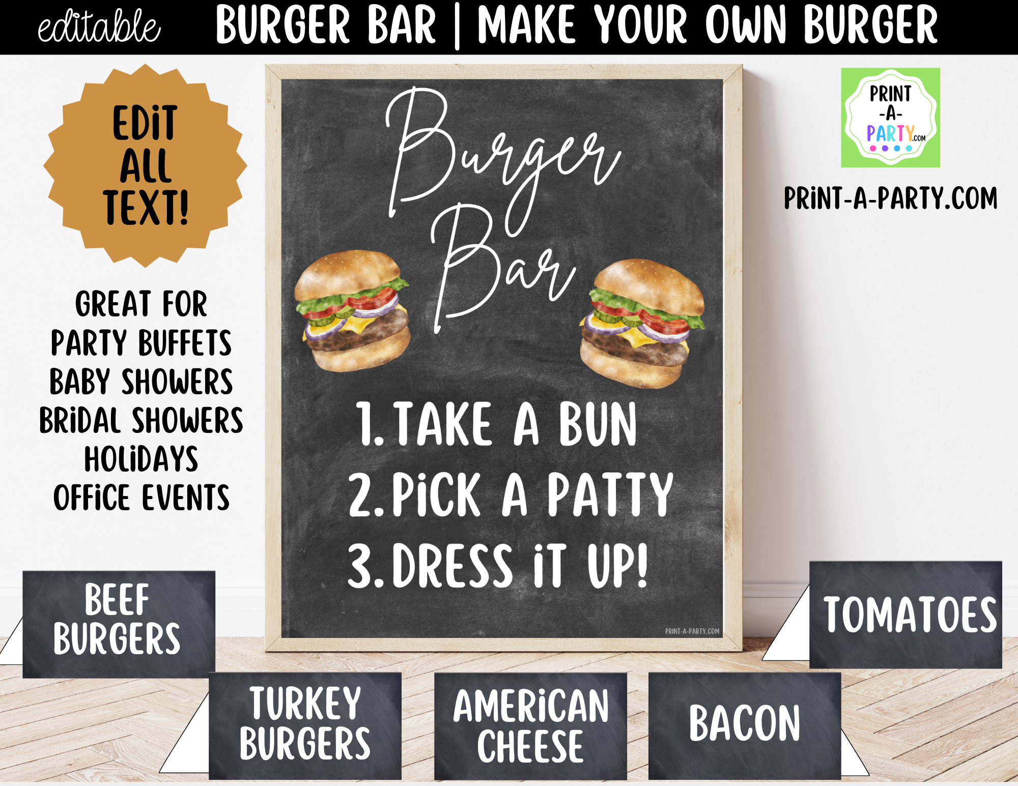 Editable Burger Bar Sign (8x10) & Toppings Tent Cards – Printable Food ...