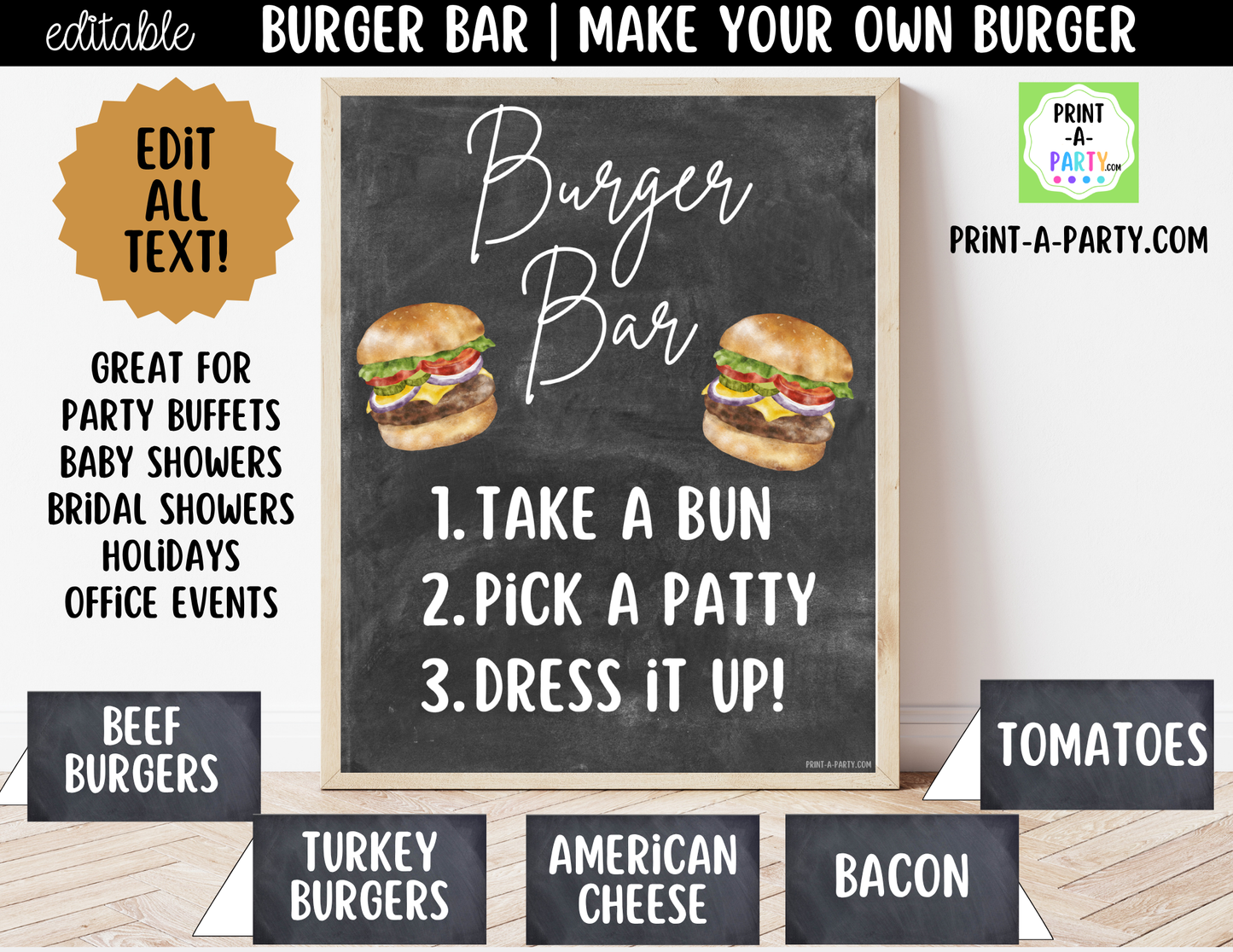 Editable Burger Bar Sign (8x10) & Toppings Tent Cards – Printable Food Station for BBQs, Summer Parties, Birthdays & More